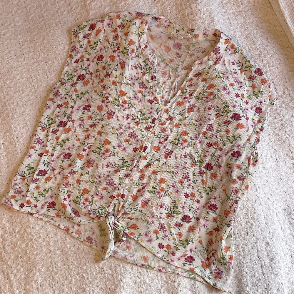 Pink Rose Floral Blouse with Tie Front | Size Large